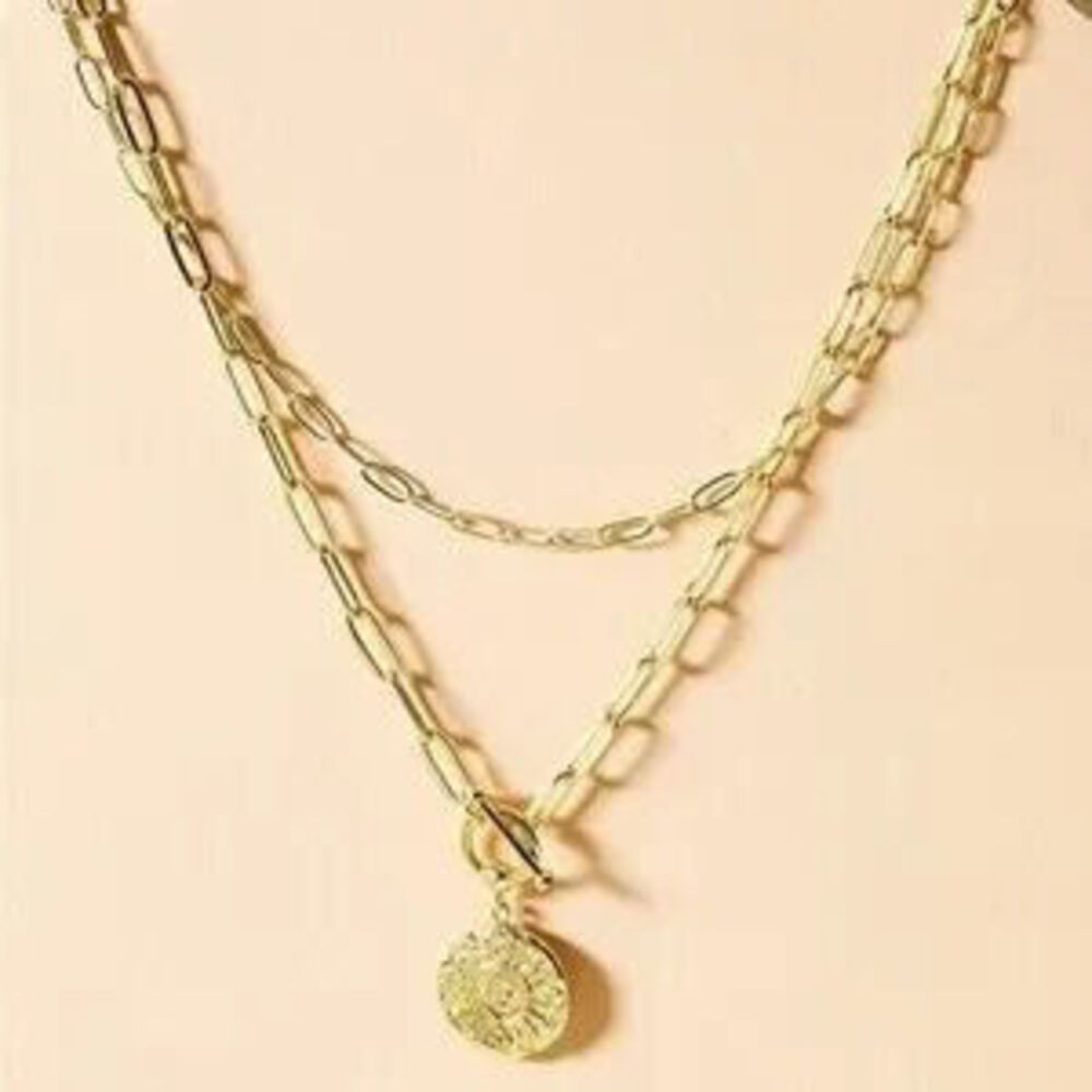 Gold 14k Gold Plated Textured Pendant Disc Layered Necklace - Picture 2 of 2